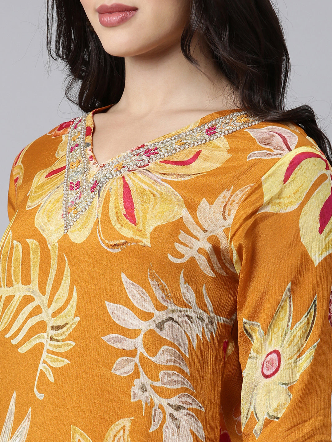 Neerus Gold Regular Straight Floral Kurta And Trousers With Dupatta