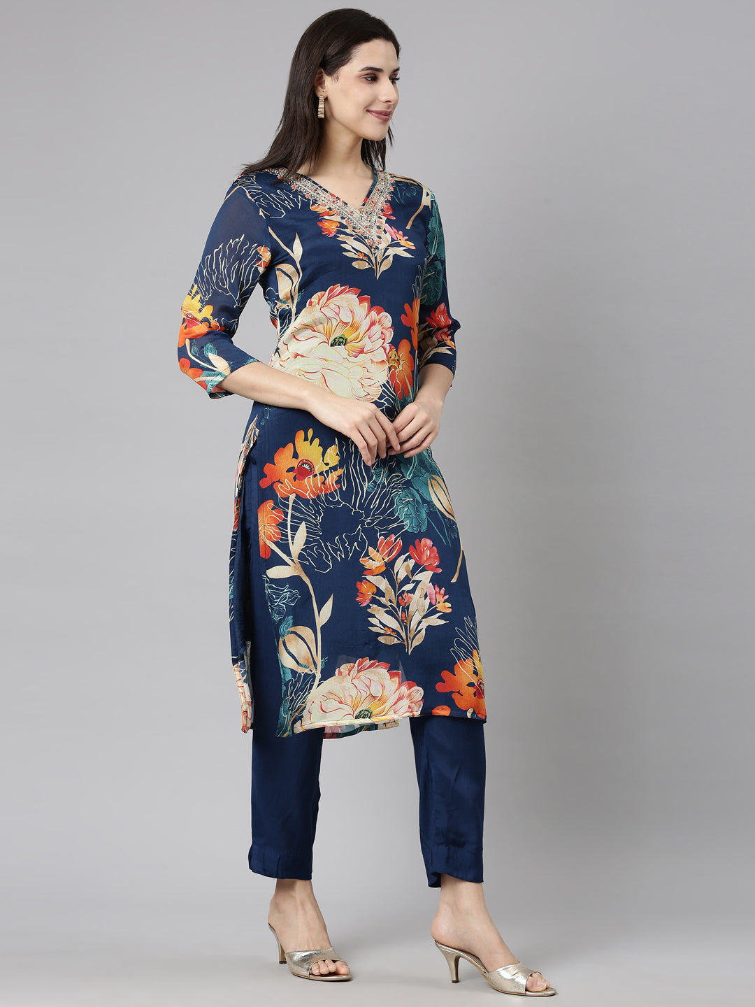 Neerus Blue Regular Straight Floral Kurta And  Trousers With Dupatta