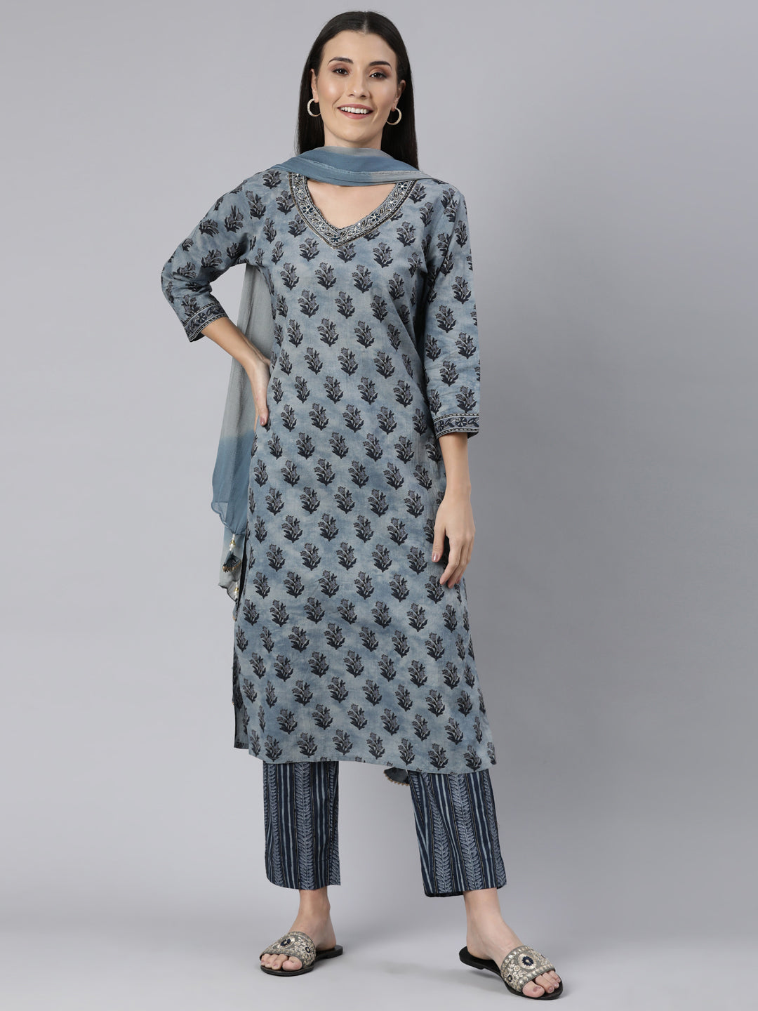 Neerus Blue Regular Straight Floral Kurta And  Trousers With Dupatta