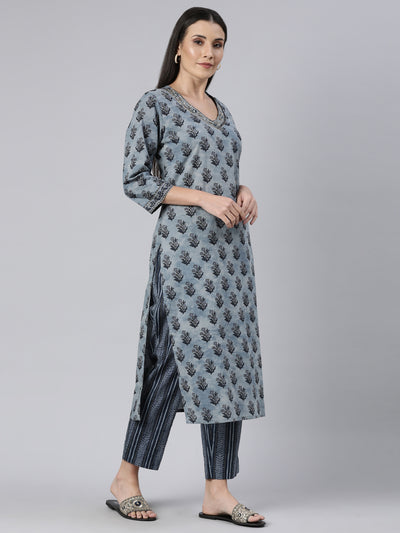 Neerus Blue Regular Straight Floral Kurta And  Trousers With Dupatta