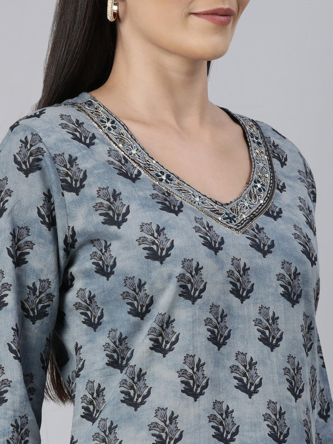 Neerus Blue Regular Straight Floral Kurta And  Trousers With Dupatta