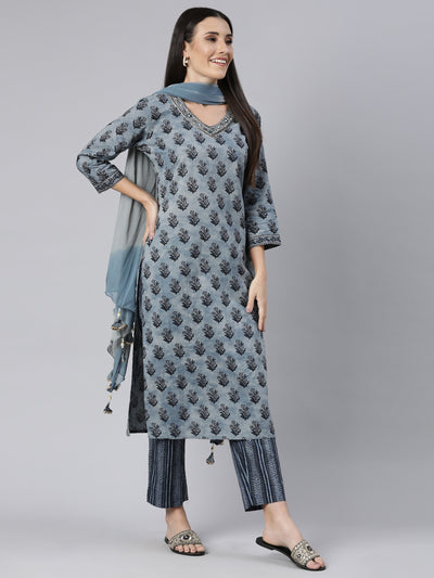 Neerus Blue Regular Straight Floral Kurta And  Trousers With Dupatta