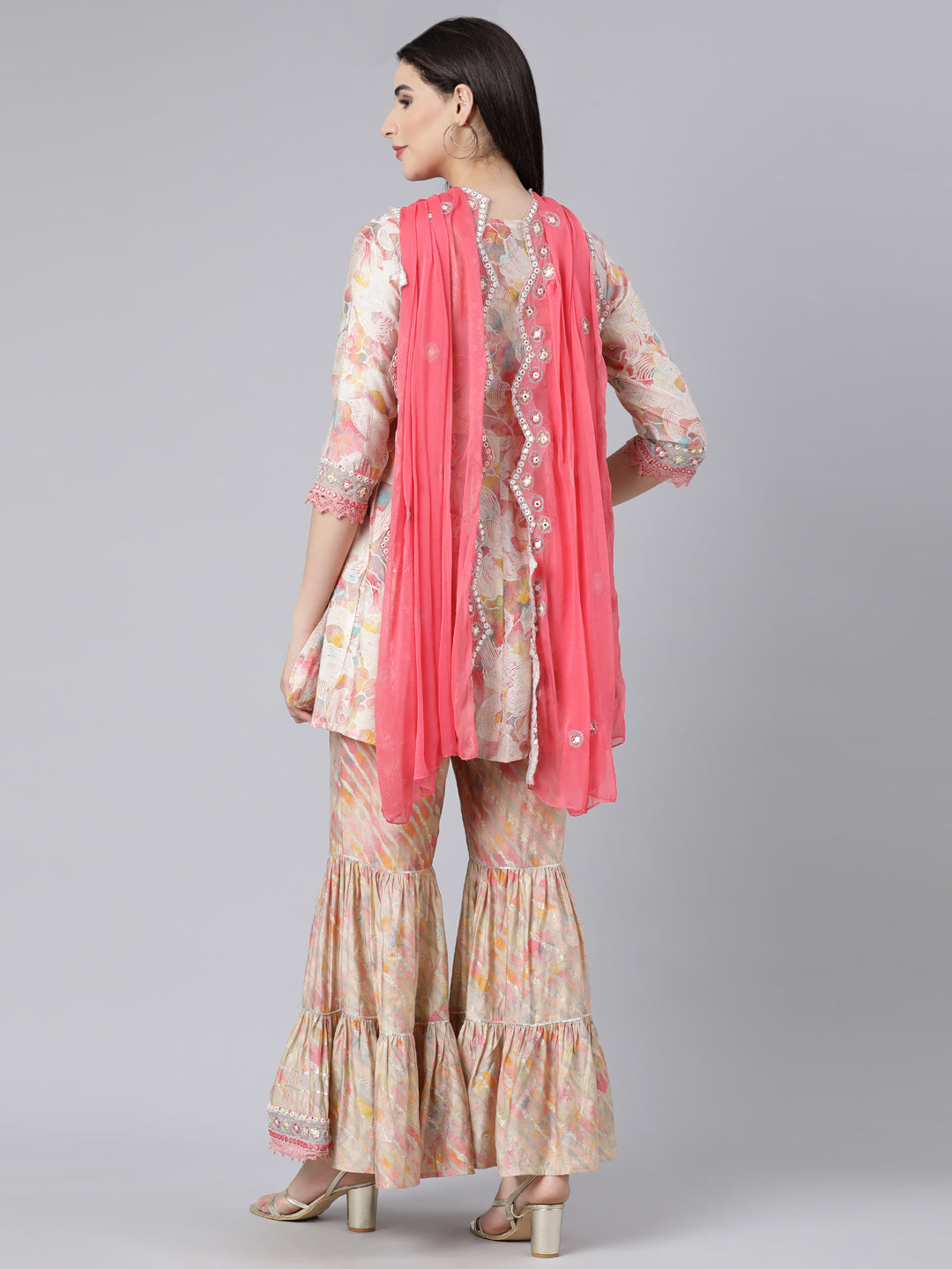 Neerus Beige Panelled Straight Printed Kurti And Sharara With Dupatta