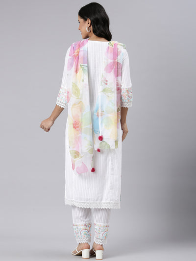 Neerus white Regular Straight Embroidered Kurta and Trousers With Dupatta