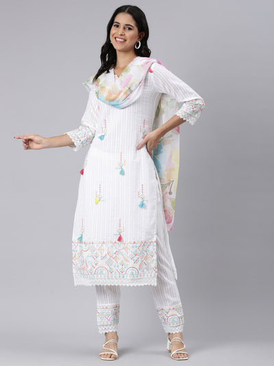 Neerus white Regular Straight Embroidered Kurta and Trousers With Dupatta