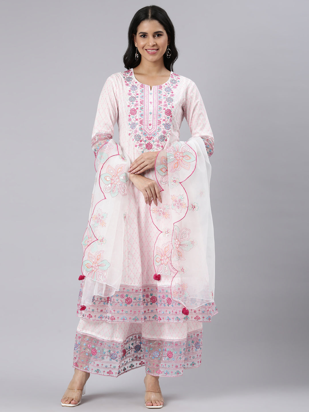 Neerus Pink Panelled Curved Printed Kurta and Palazzos With Dupatta