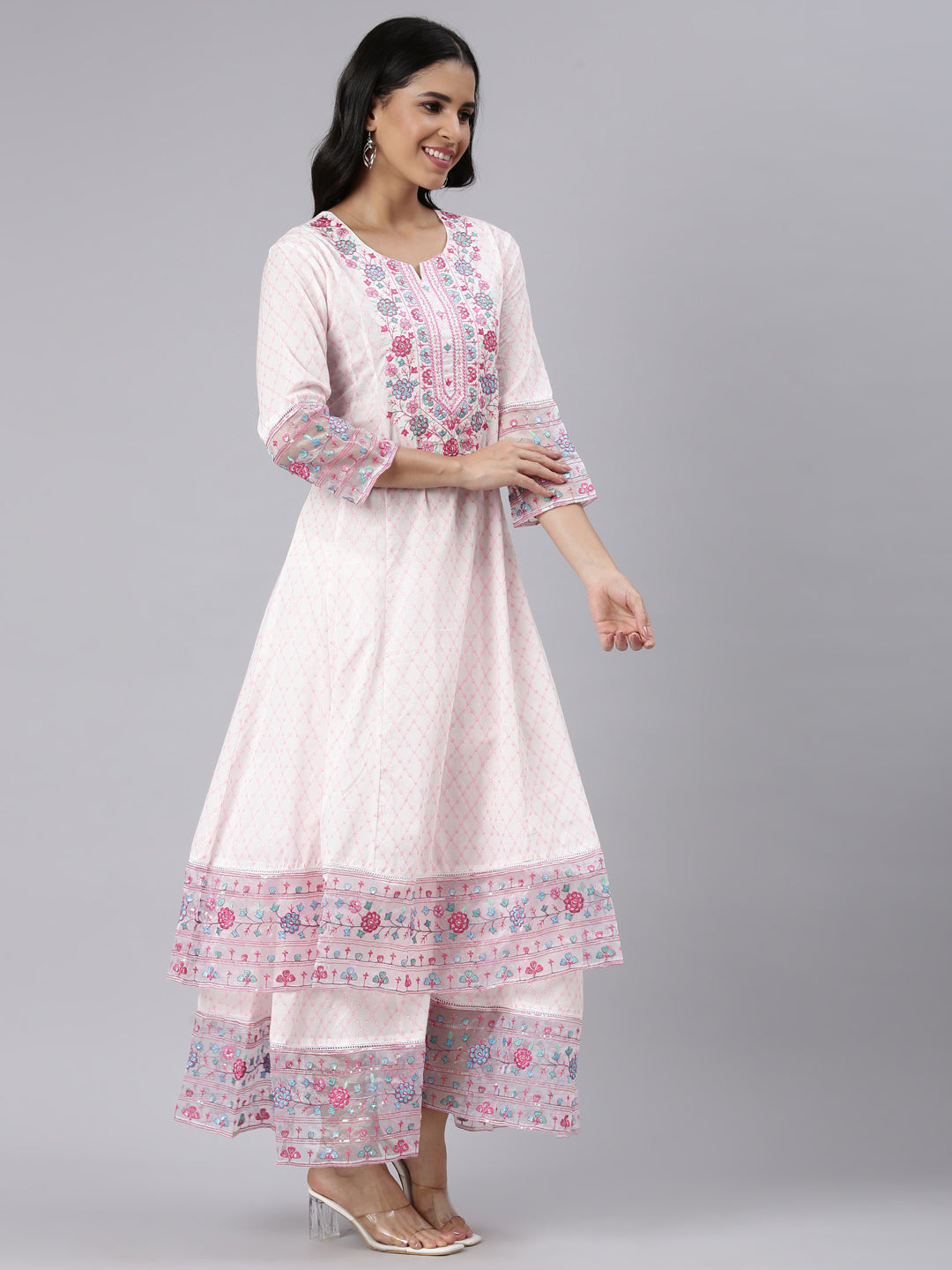 Neerus Pink Panelled Curved Printed Kurta and Palazzos With Dupatta