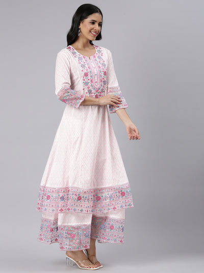 Neerus Pink Panelled Curved Printed Kurta and Palazzos With Dupatta