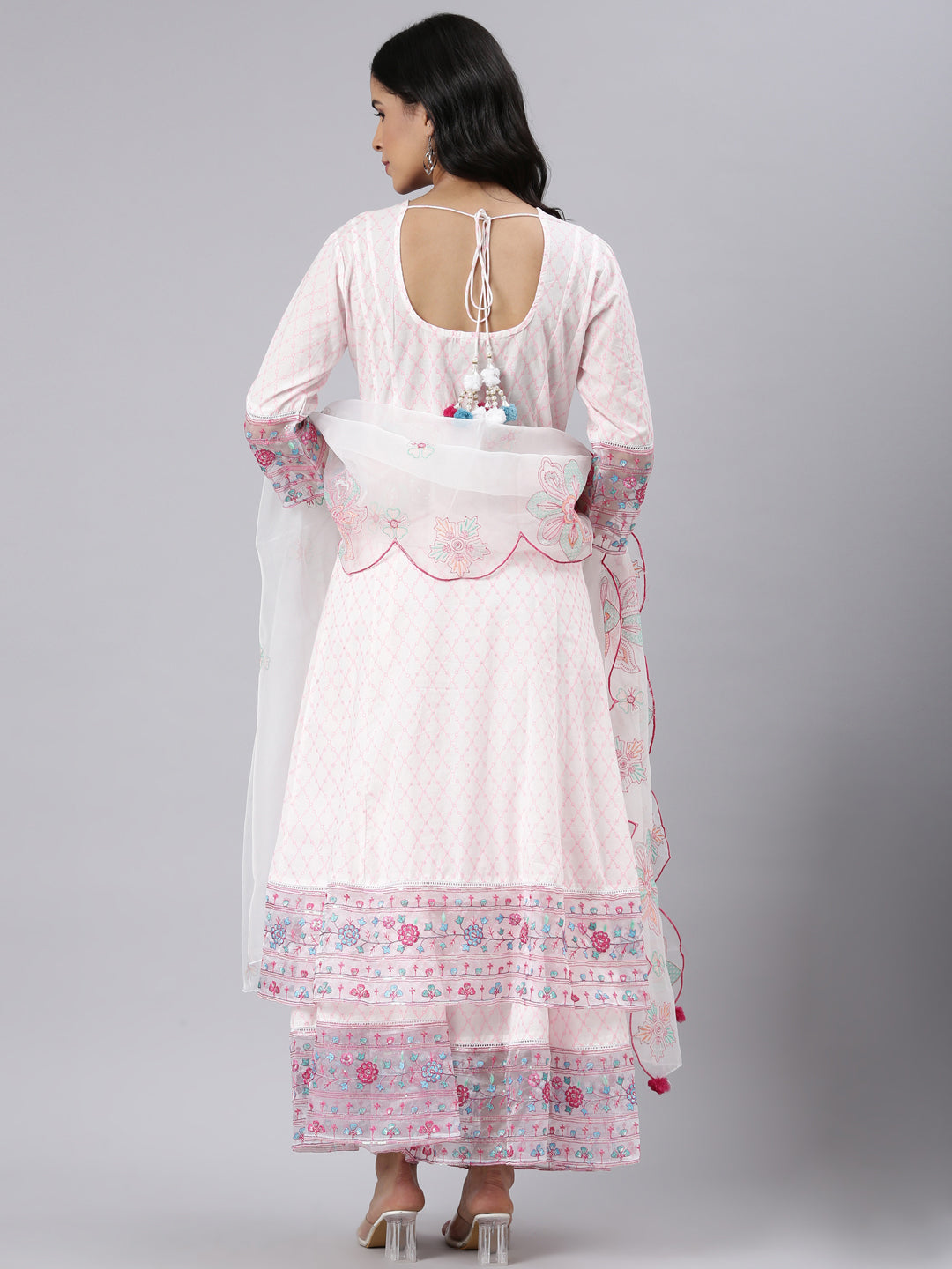 Neerus Pink Panelled Curved Printed Kurta and Palazzos With Dupatta