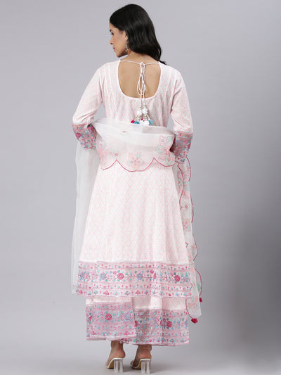 Neerus Pink Panelled Curved Printed Kurta and Palazzos With Dupatta