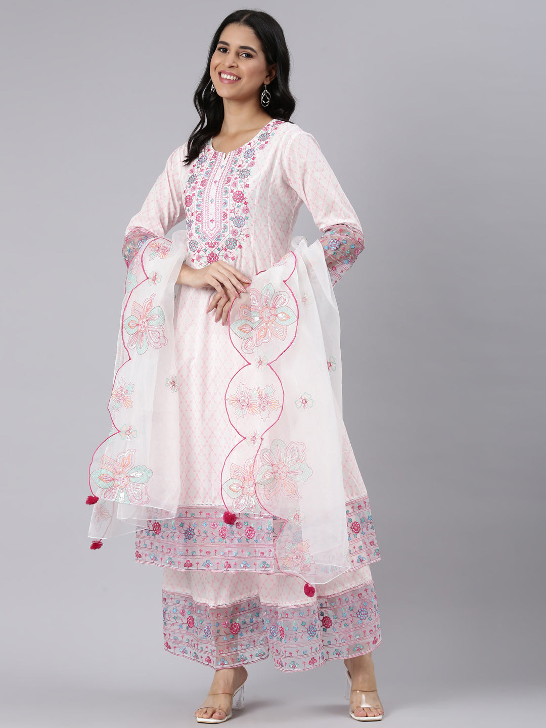 Neerus Pink Panelled Curved Printed Kurta and Palazzos With Dupatta