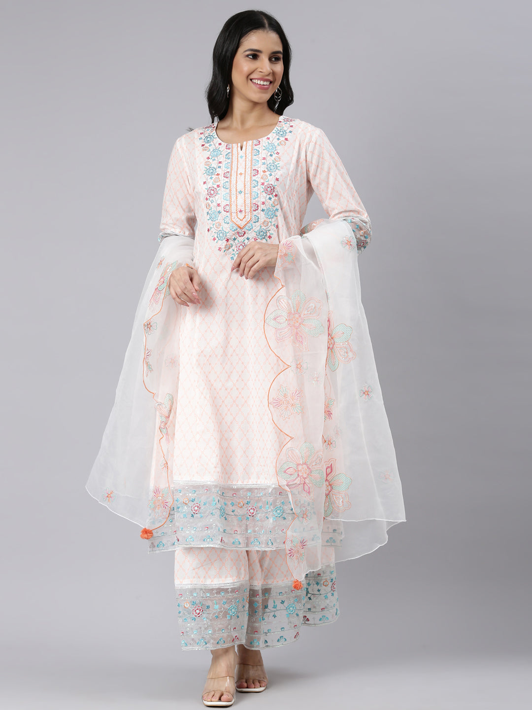 Neerus Orange Panelled Curved Printed Kurta and Palazzos With Dupatta