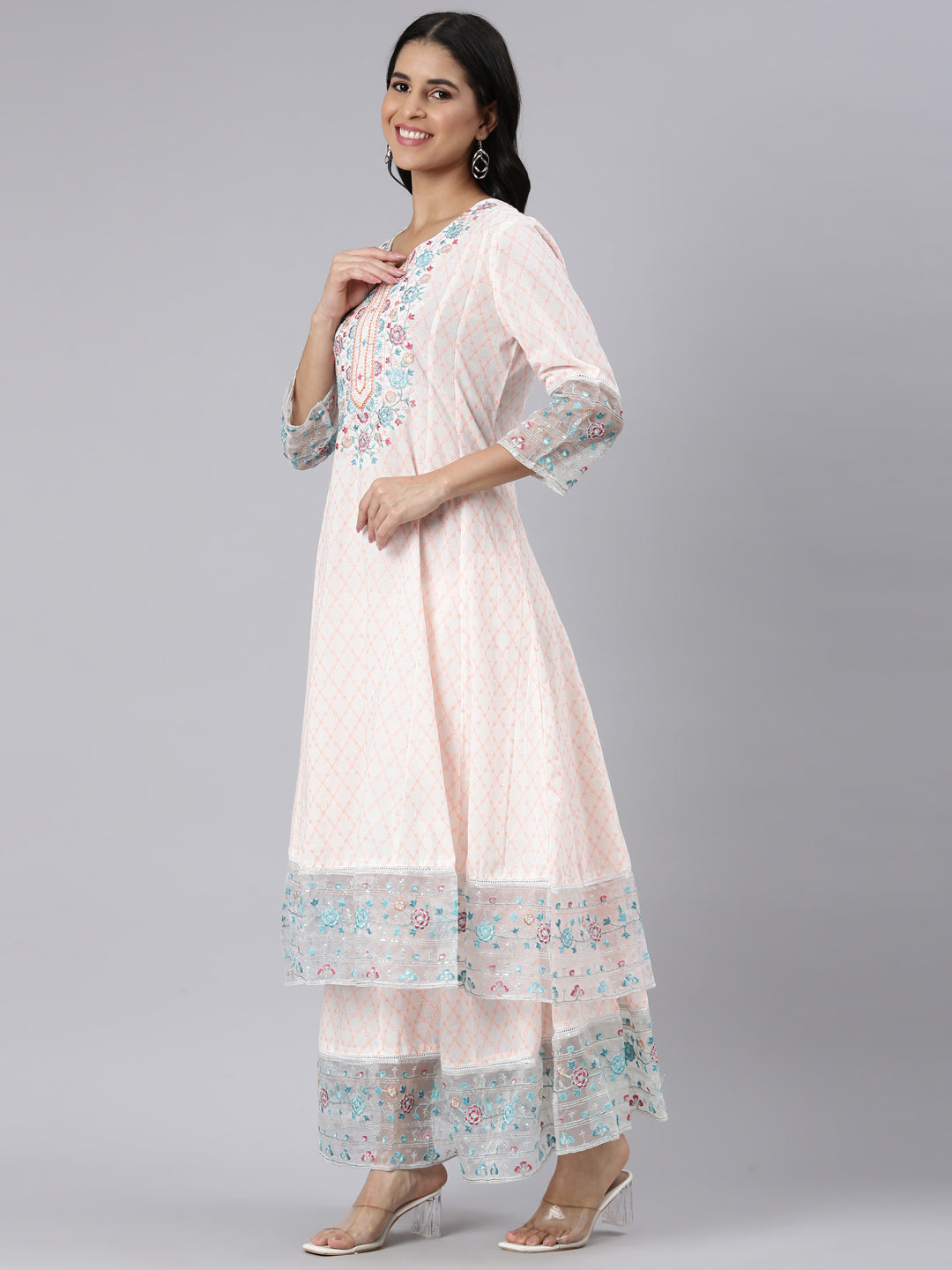 Neerus Orange Panelled Curved Printed Kurta and Palazzos With Dupatta