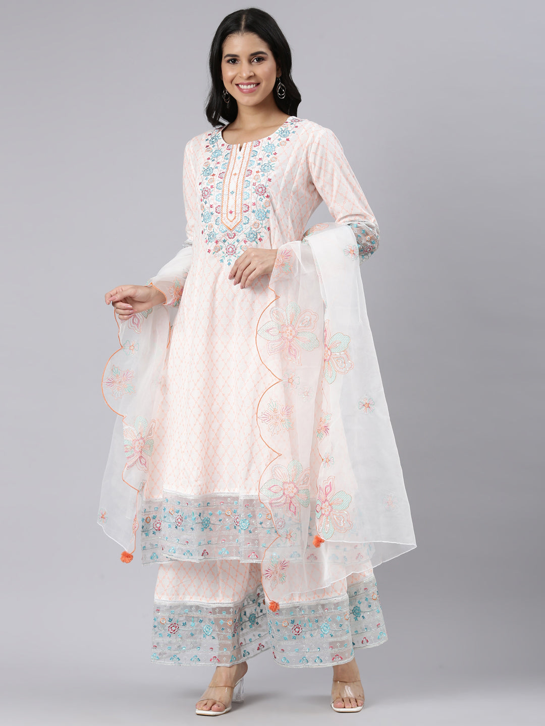 Neerus Orange Panelled Curved Printed Kurta and Palazzos With Dupatta