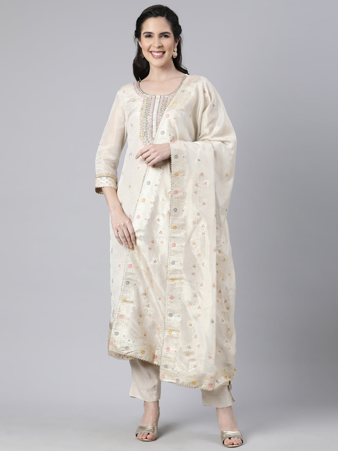 Neerus Cream Regular Straight Floral Kurta And  Trousers With Dupatta