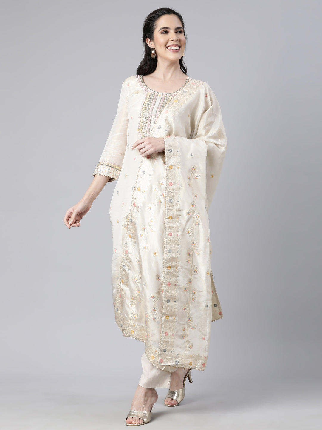 Neerus Cream Regular Straight Floral Kurta And  Trousers With Dupatta