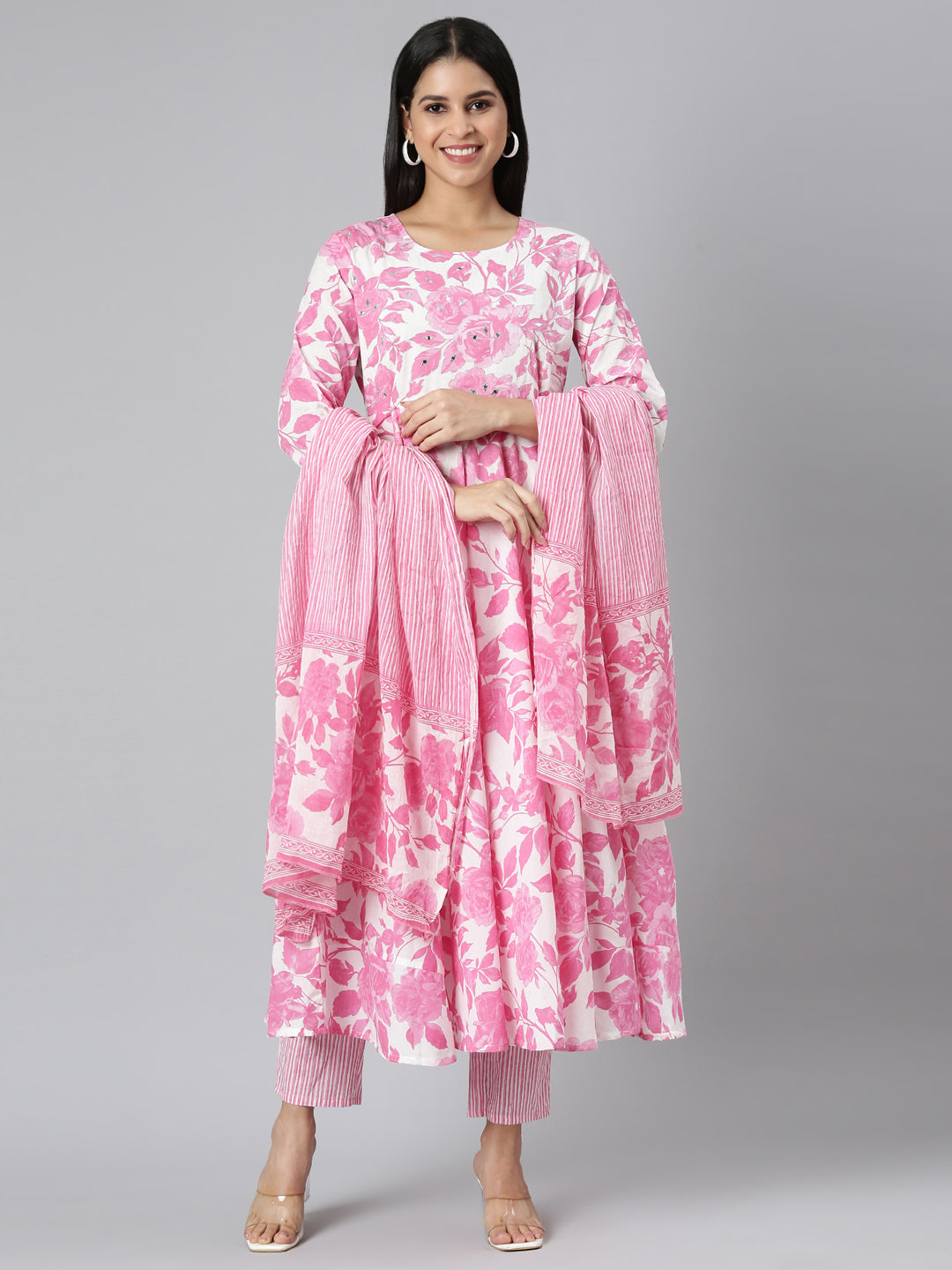 Neerus Pink Panelled Curved Printed Kurta and Trousers With Dupatta