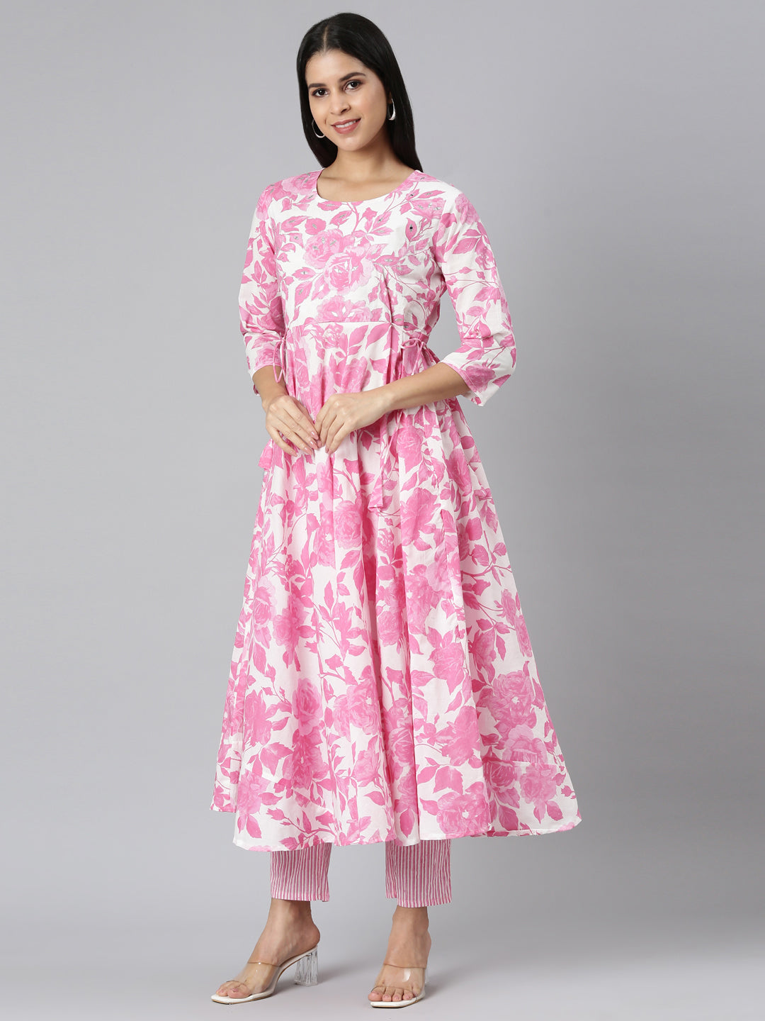 Neerus Pink Panelled Curved Printed Kurta and Trousers With Dupatta