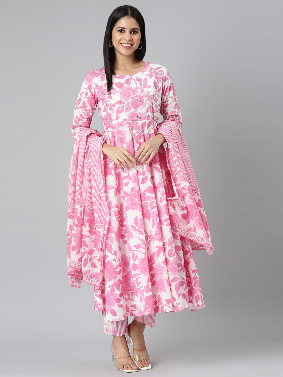 Neerus Pink Panelled Curved Printed Kurta and Trousers With Dupatta