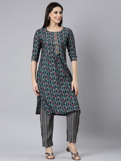 Neerus Blue Regular Straight Floral Kurta And Trousers With Dupatta