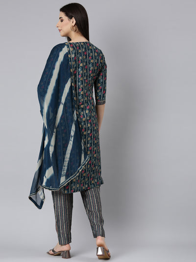 Neerus Blue Regular Straight Floral Kurta And Trousers With Dupatta