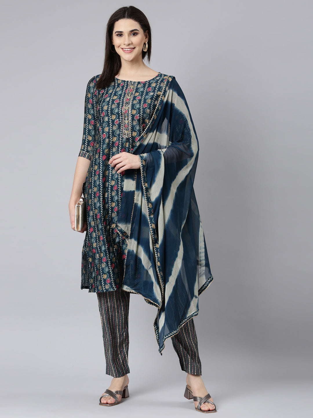 Neerus Blue Regular Straight Floral Kurta And Trousers With Dupatta