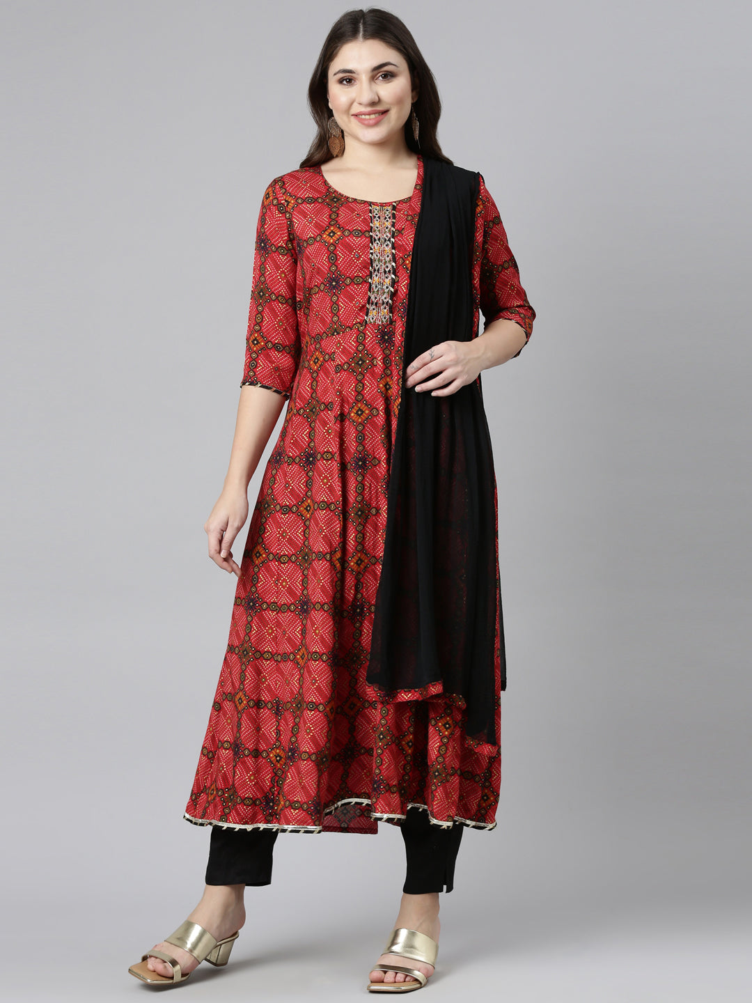 Neeru's Red Regular Straight Printed Kurta And Trousers With Dupatta