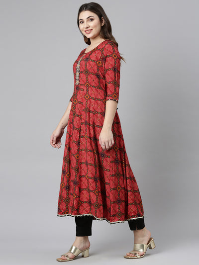 Neeru's Red Regular Straight Printed Kurta And Trousers With Dupatta