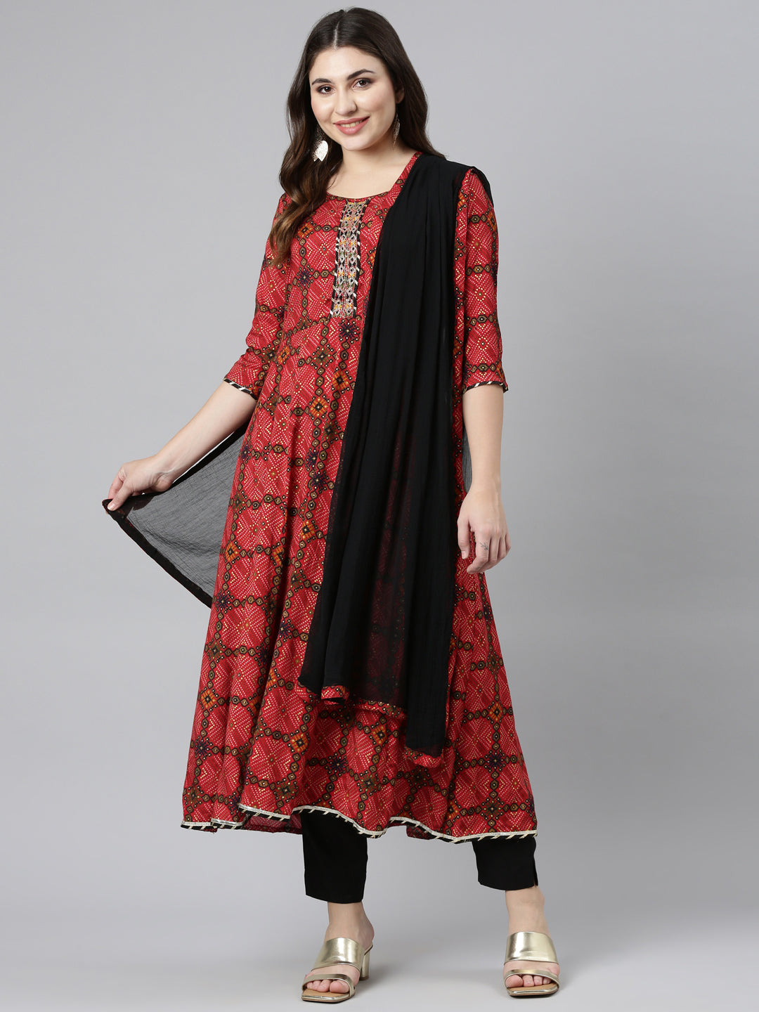 Neeru's Red Regular Straight Printed Kurta And Trousers With Dupatta