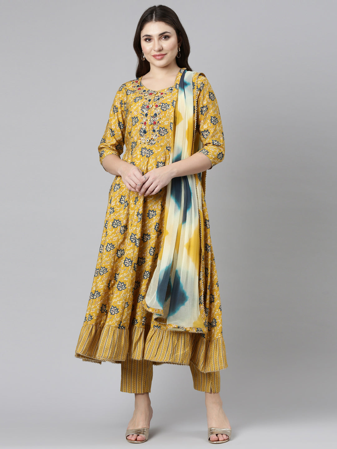 Neeru's Yellow Regular Straight Printed Kurta And Trousers With Dupatta