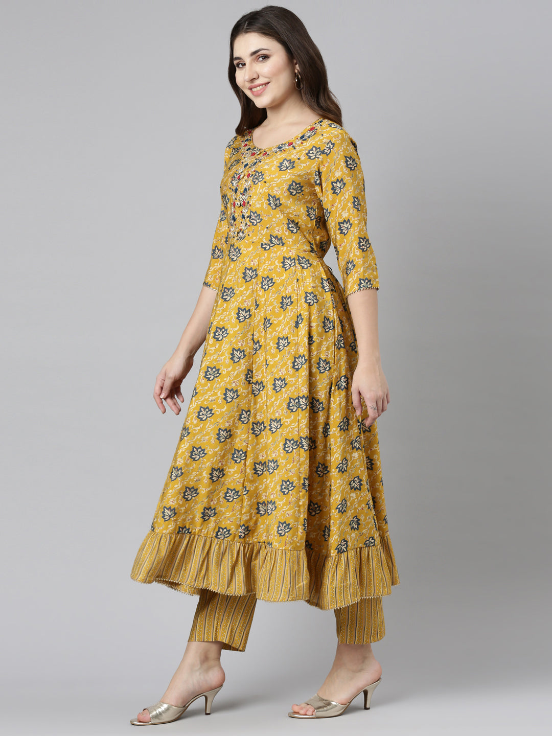 Neeru's Yellow Regular Straight Printed Kurta And Trousers With Dupatta