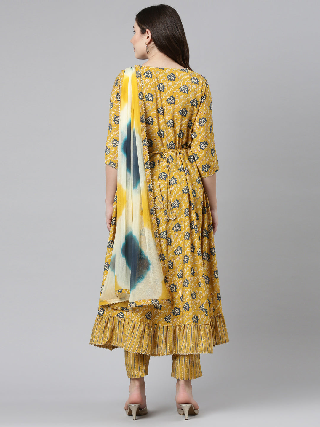 Neeru's Yellow Regular Straight Printed Kurta And Trousers With Dupatta