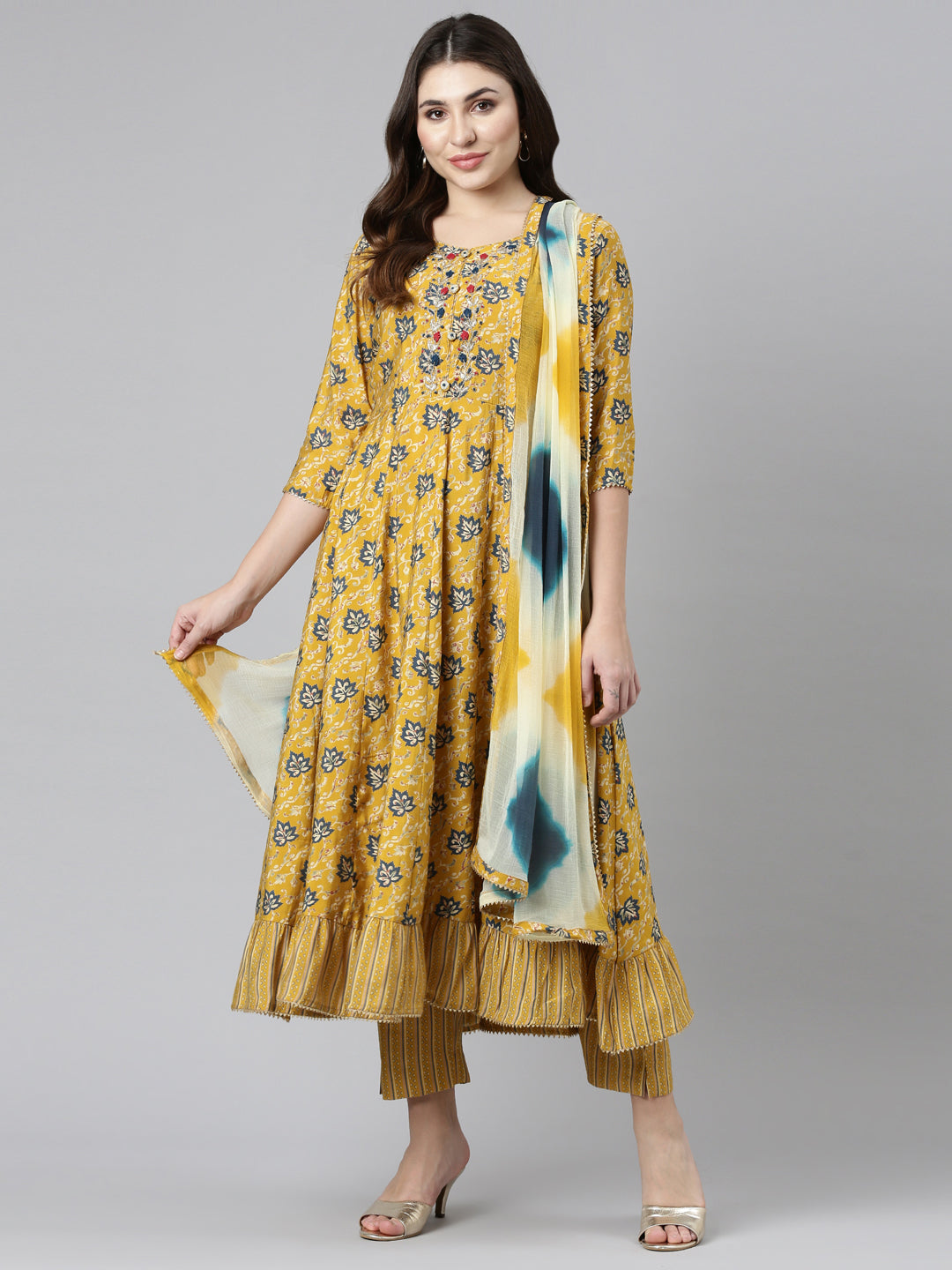 Neeru's Yellow Regular Straight Printed Kurta And Trousers With Dupatta