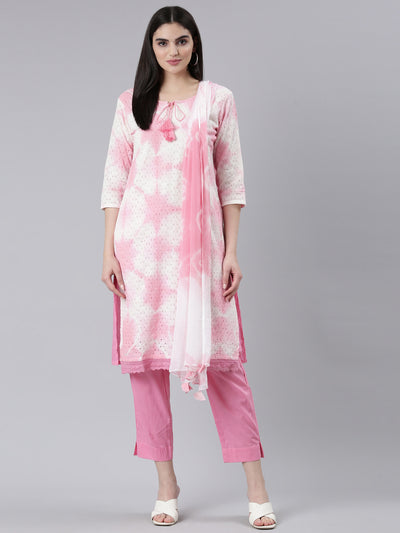 Neeru's Pink Regular Straight Printed Kurta And Trousers With Dupatta