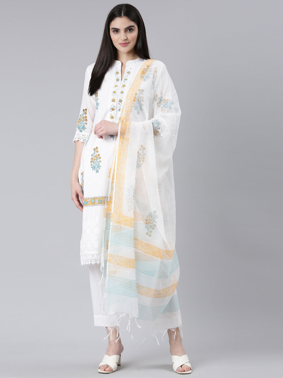 Neeru's Yellow Regular Straight Printed Kurta And Trousers With Dupatta