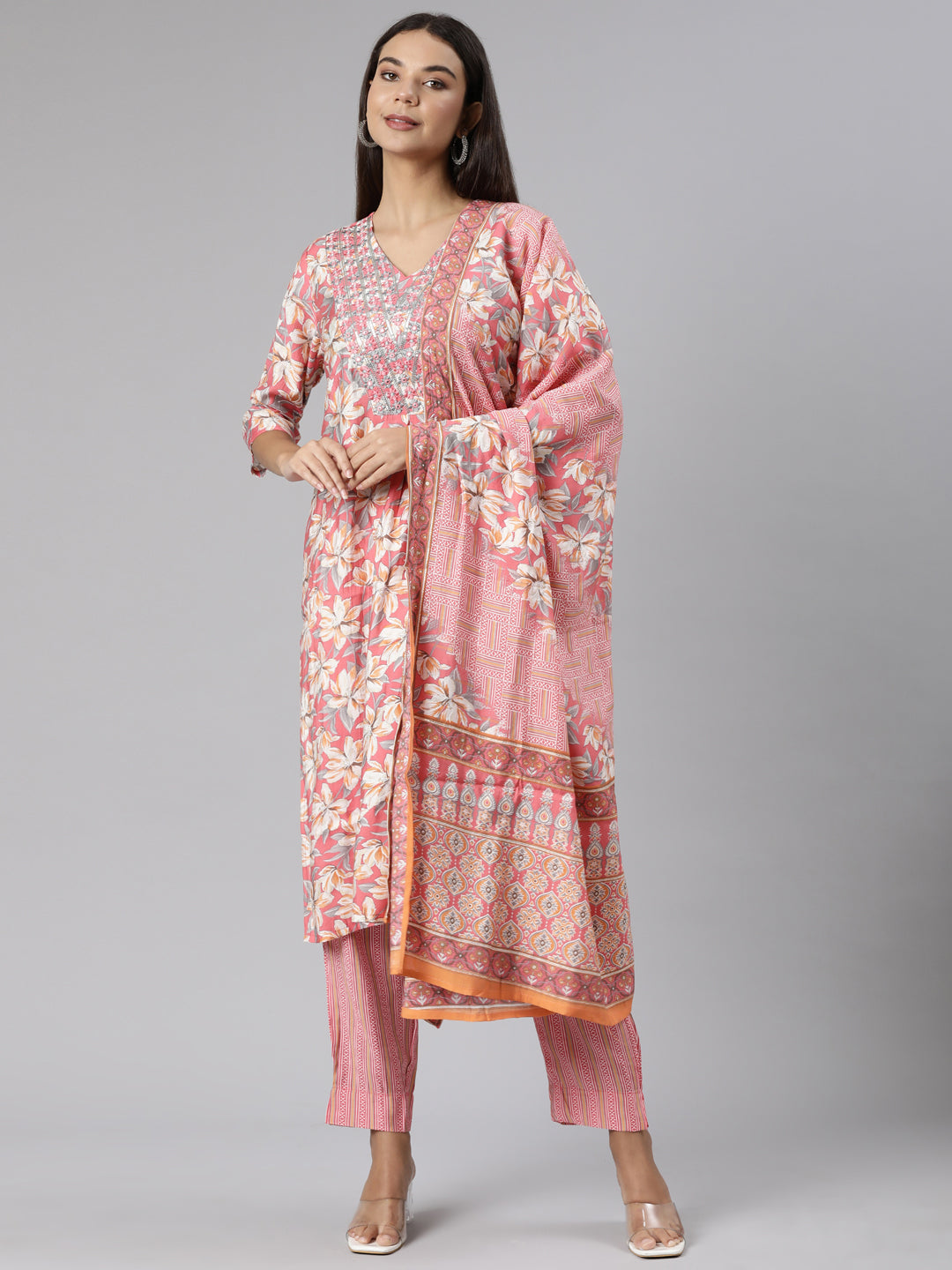 Neeru's Pink Regular Straight Floral Kurta And Trousers With Dupatta