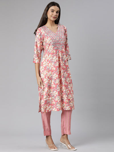 Neeru's Pink Regular Straight Floral Kurta And Trousers With Dupatta