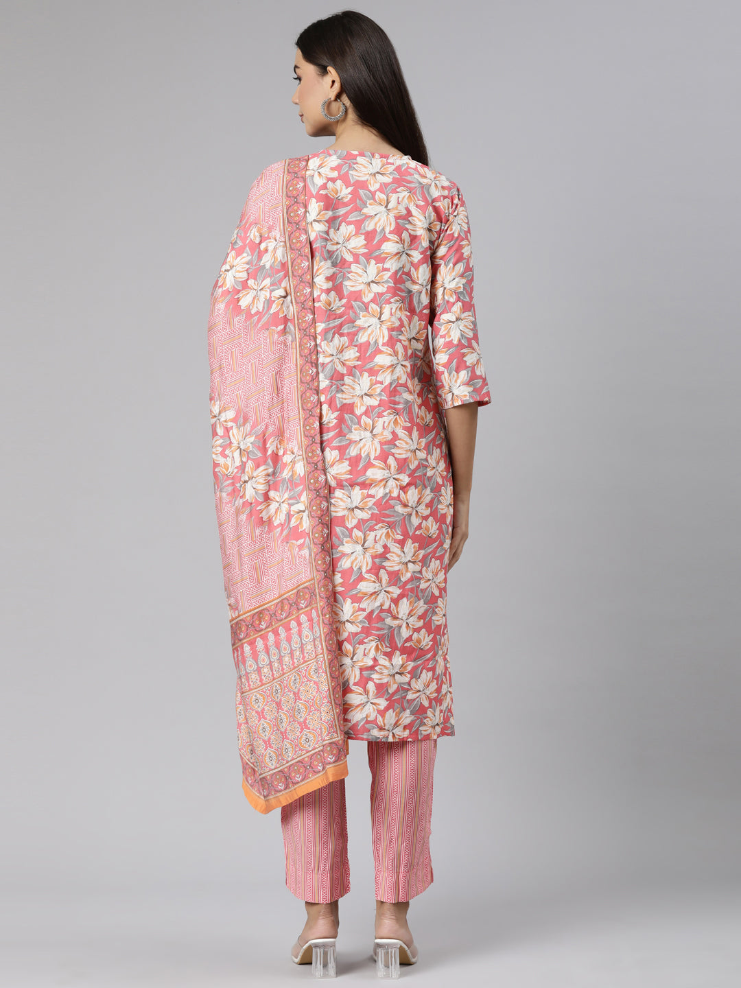 Neeru's Pink Regular Straight Floral Kurta And Trousers With Dupatta