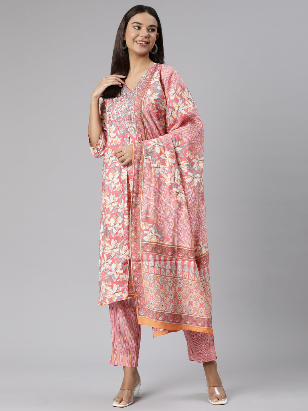 Neeru's Pink Regular Straight Floral Kurta And Trousers With Dupatta