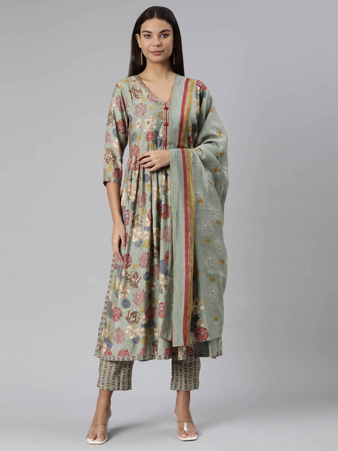 Neeru's Regular Straight Floral Kurta And Trousers With Dupatta