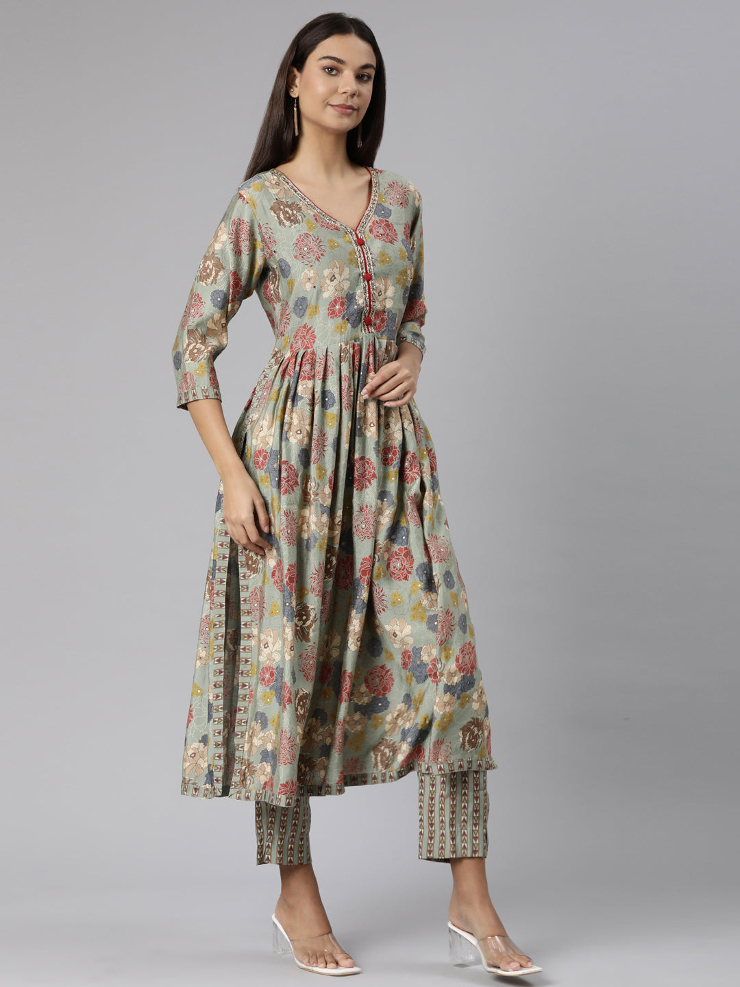 Neeru's Regular Straight Floral Kurta And Trousers With Dupatta