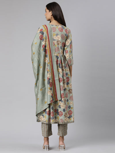 Neeru's Regular Straight Floral Kurta And Trousers With Dupatta