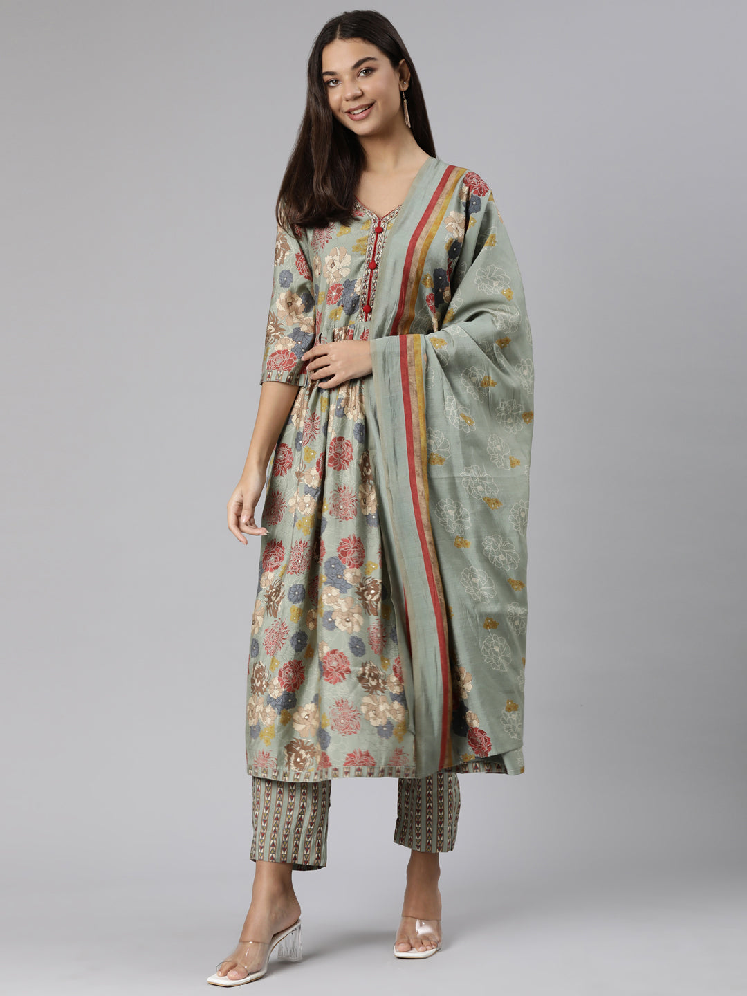 Neeru's Regular Straight Floral Kurta And Trousers With Dupatta