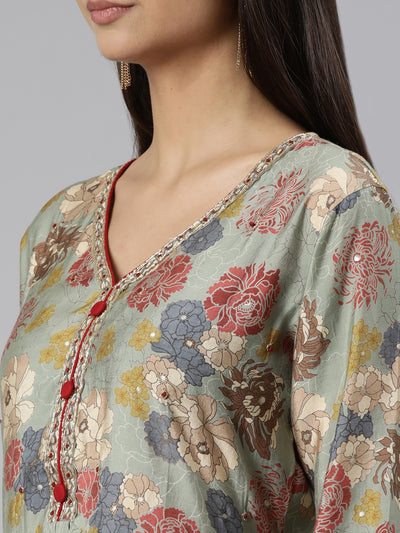 Neeru's Regular Straight Floral Kurta And Trousers With Dupatta