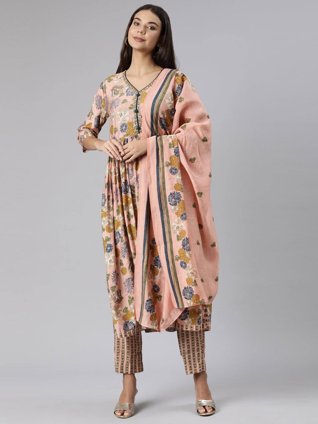 Neeru's Peach Regular Straight Floral Kurta And Trousers With Dupatta