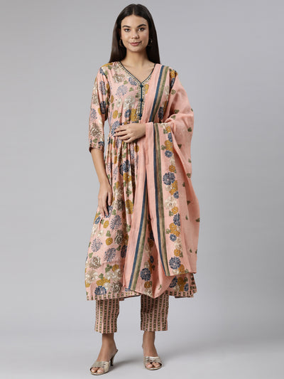 Neeru's Peach Regular Straight Floral Kurta And Trousers With Dupatta