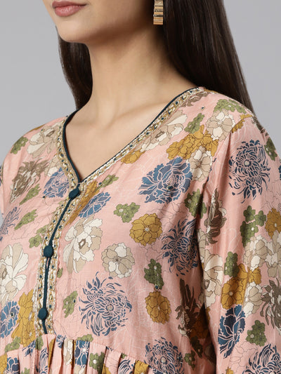 Neeru's Peach Regular Straight Floral Kurta And Trousers With Dupatta