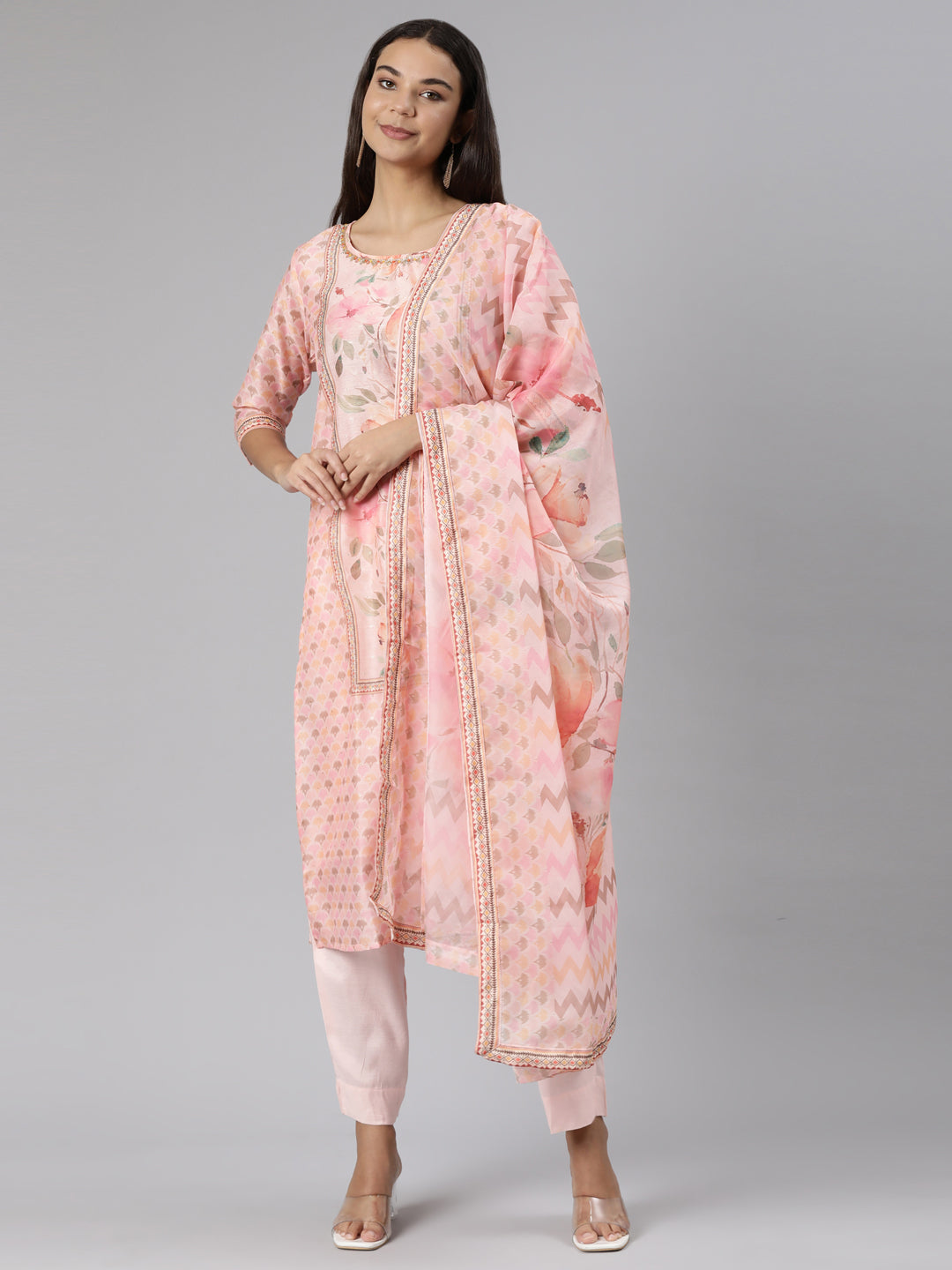 Neeru's Pink Regular Straight Floral Kurta And Trousers With Dupatta