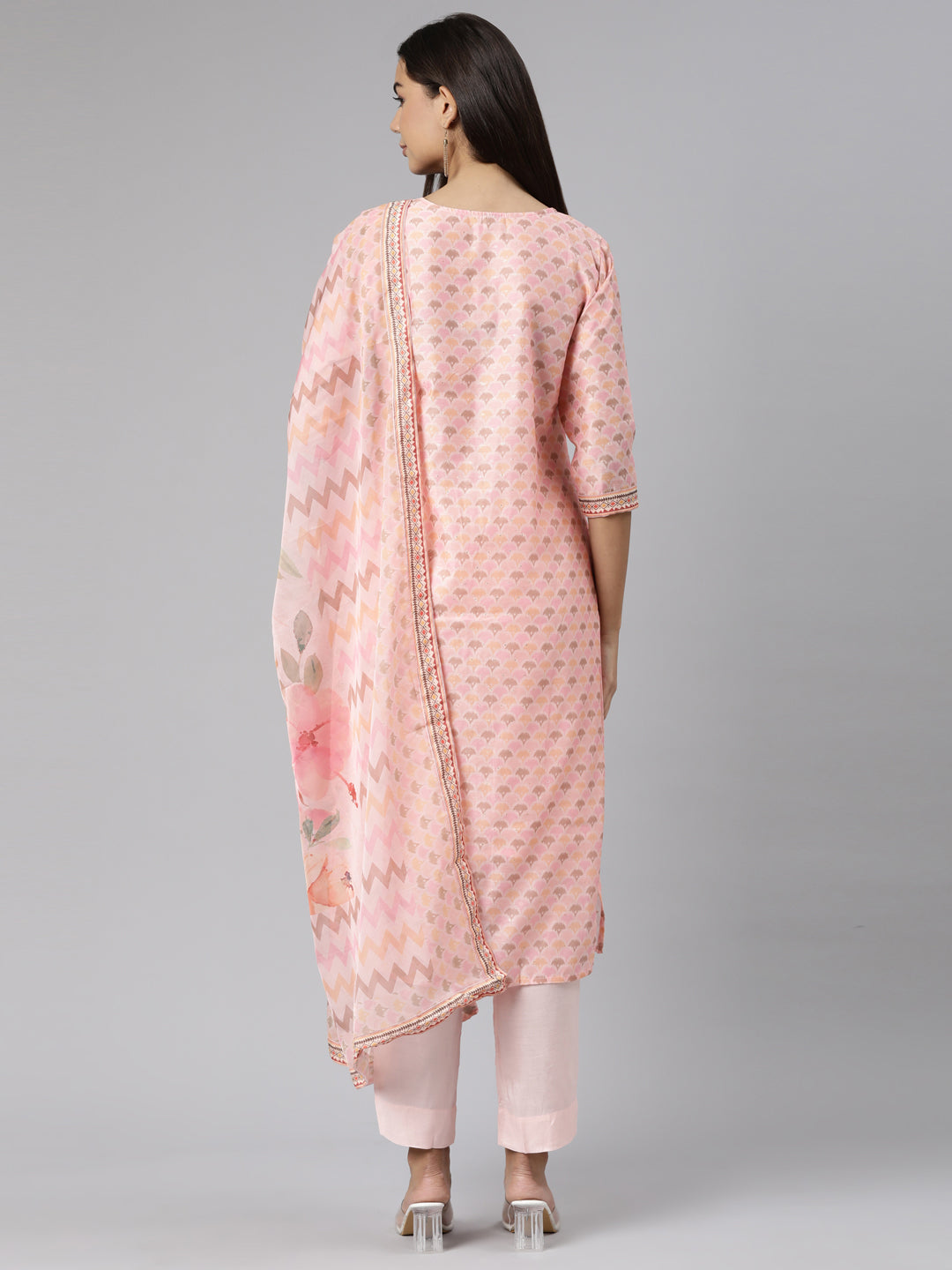 Neeru's Pink Regular Straight Floral Kurta And Trousers With Dupatta