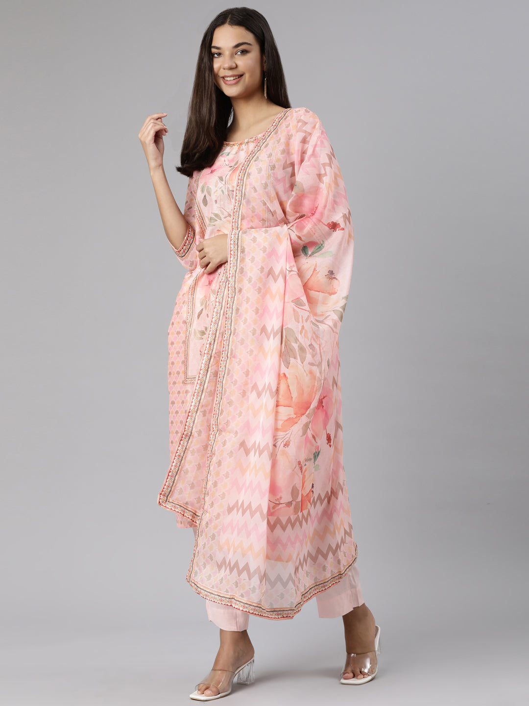 Neeru's Pink Regular Straight Floral Kurta And Trousers With Dupatta